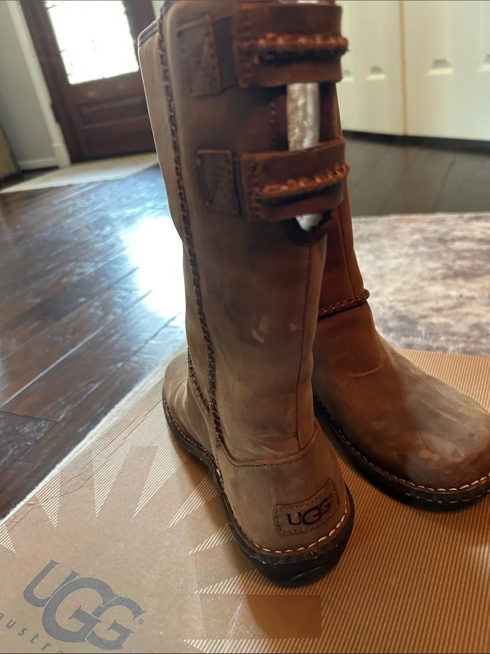 UGG Haywell Brown Leather Mid-Calf Shearling Boots